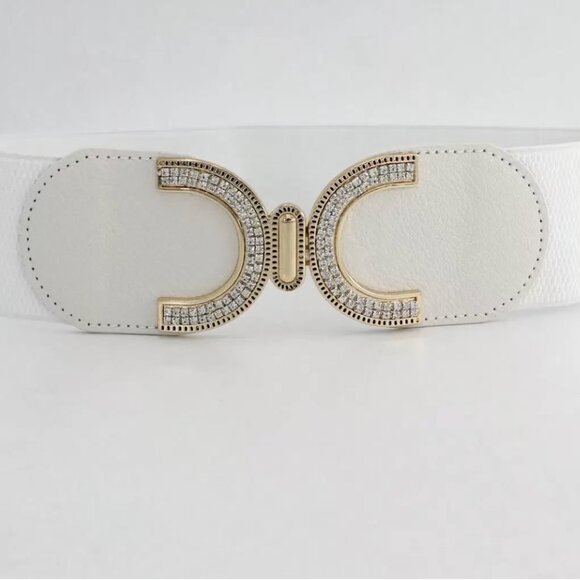 Rhinestone Buckle With Elastic Waist Belt White - Picture 1 of 3
